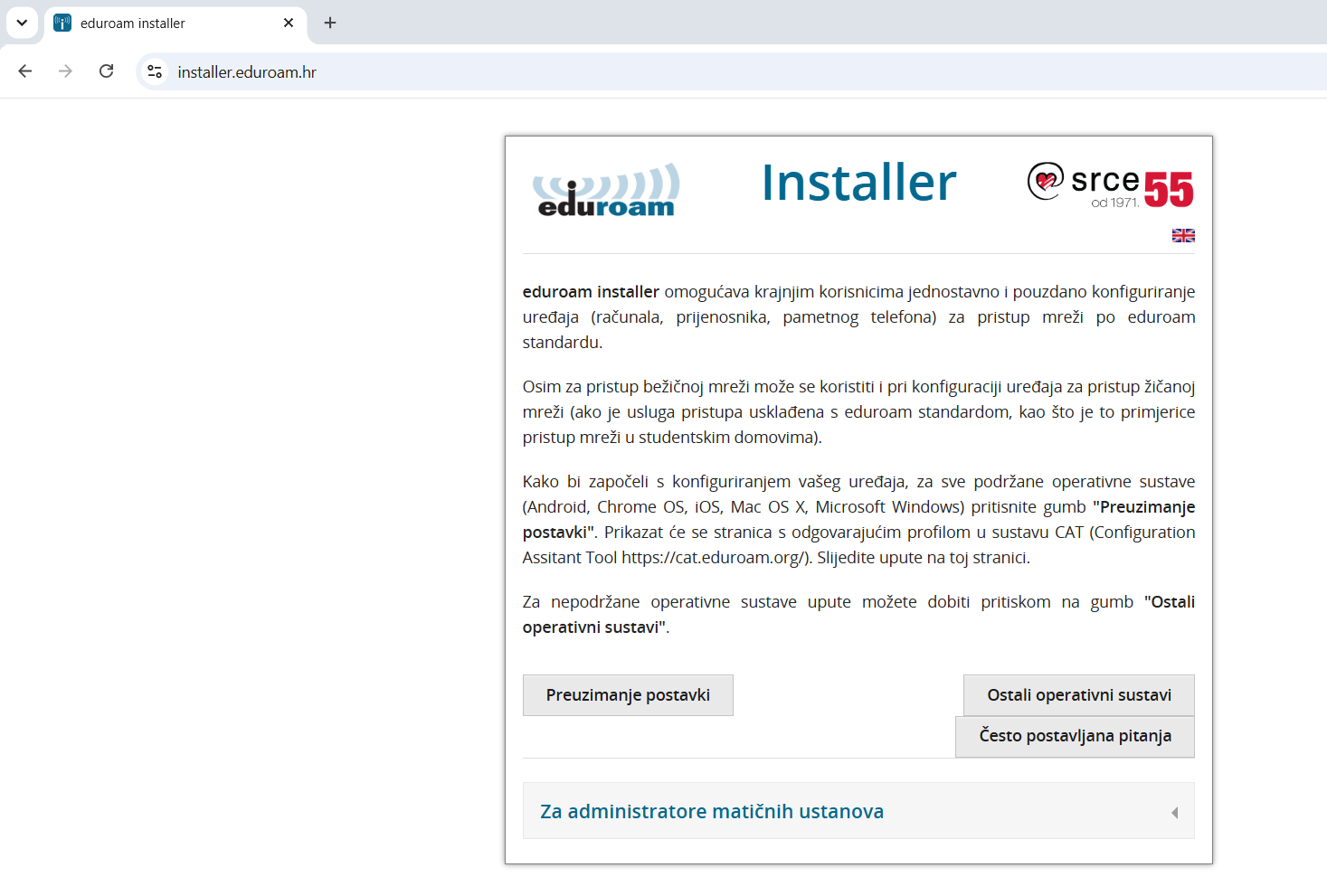 eduroam installer – Preuzimanje postavki za Windows